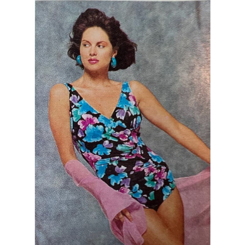 one piece swimsuit floral V neck 1980s pink teal